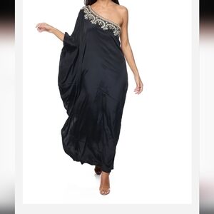 Elegant One-Shoulder Black Dress with Silver Accents Fits S-M No Size Tag